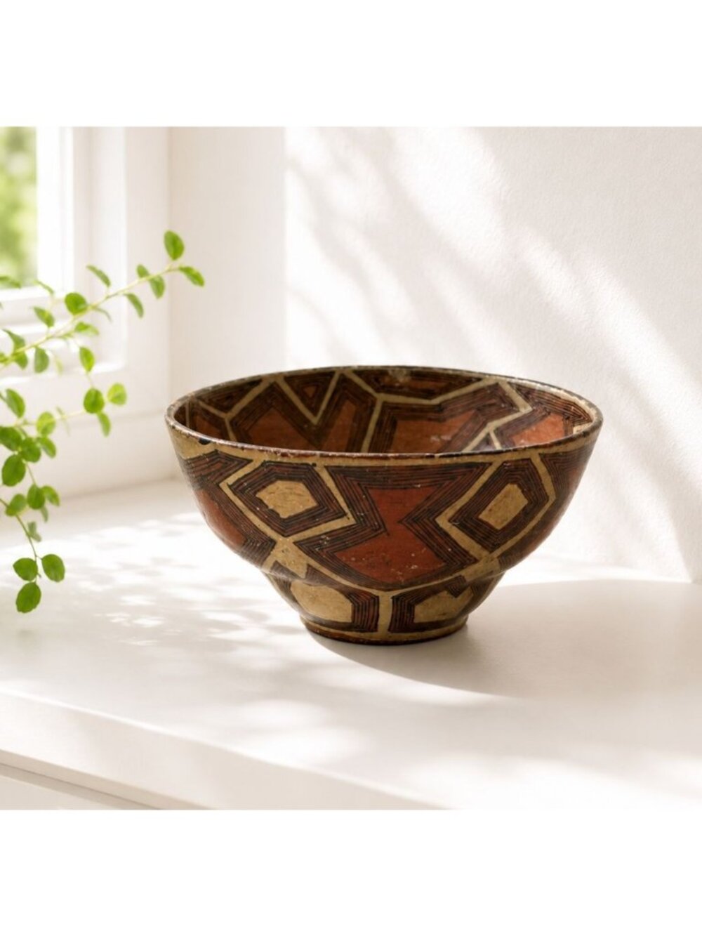 Handcrafted Vintage Geometric Clay Bowl With Earthy Tones & Tribal-Inspired Patt